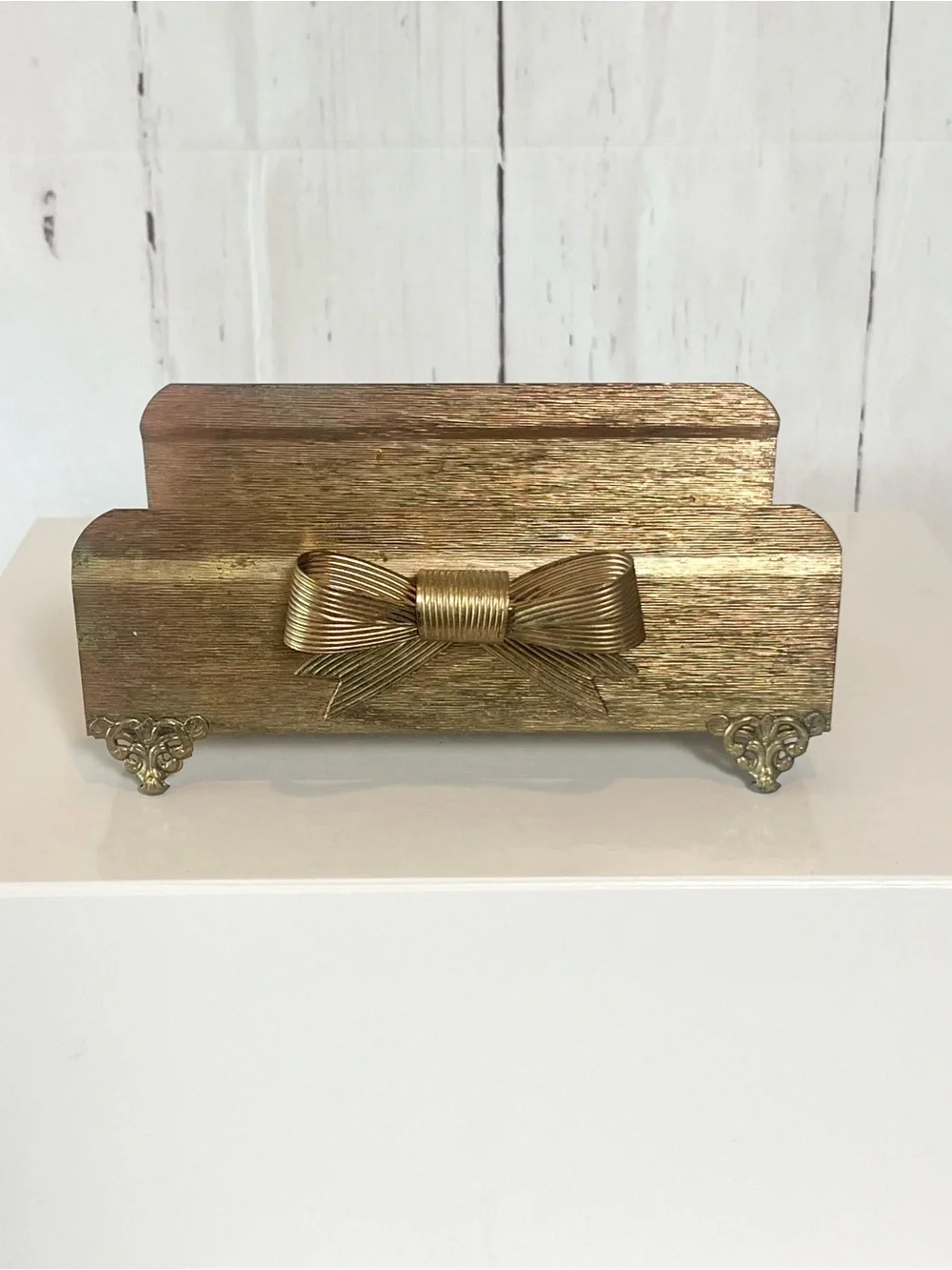 VTG Hollywood Regency Gold Filigree Tissue Box Cover Bow Scroll Foot MCM